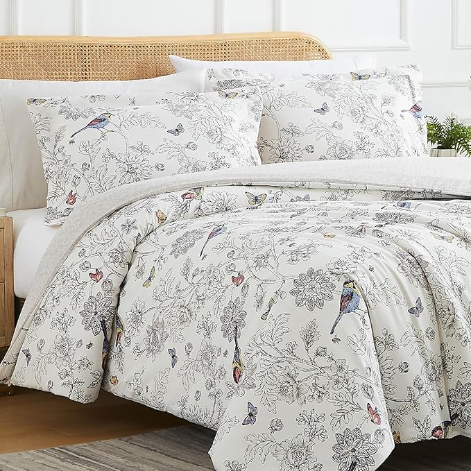 Southshore Fine Living, Inc. 3-Piece Cal King Comforter Set with 2 Pillowcases, Down Alternative Comforter Bedding, Soft Microfiber Fabric, California/King Size, Bayberry Bird and Floral Print