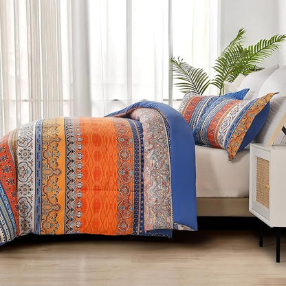 Goodidea Boho Comforter Queen Size, 3 Piece Blue Orange Bohemian Striped Western Comforter Set, Ultra Soft Lightweight Microfiber Boho Hippie Bedding Set with 2 Pillow Shams for All Seasons