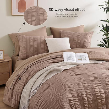 CASAAGUSTO Twin XL Comforter Set, 5 Pieces Brown Seersucker Bed in a Bag Twin Soft All Seasons, Bedding Sets with Comforter, Flat Sheet, Fitted Sheet, 1 Pillow Sham, 1 Pillowcase