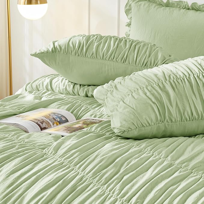 Bonlino Oversized King Comforter Set Bedding - Ruched Sage Green Comforter King Bed Set Boho Shabby Chic Bedding for Bedroom Comforter Fluffy 3 Piece Ruffle Comforter Set Green Luxury Bedding