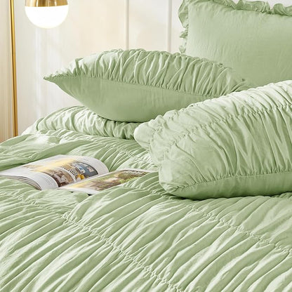 Bonlino Oversized King Comforter Set Bedding - Ruched Sage Green Comforter King Bed Set Boho Shabby Chic Bedding for Bedroom Comforter Fluffy 3 Piece Ruffle Comforter Set Green Luxury Bedding