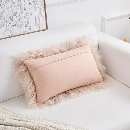 Genuine Mongolian Lamb Fur Pillow Cover – 12"x20" Rectangular Cushion Case – Soft Curly Wool Decorative Accent for Sofa, Bed, or Chair (Dusty Pink)