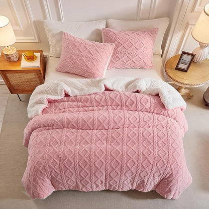 Joyreap 3-Piece Fluffy Faux Fur Sherpa Comforter Set Pink, Twin Size Luxury Tufted Bedding Comforter Set, All Season Soft n Cozy Plush Comforter Bed Set- 68x86 inches