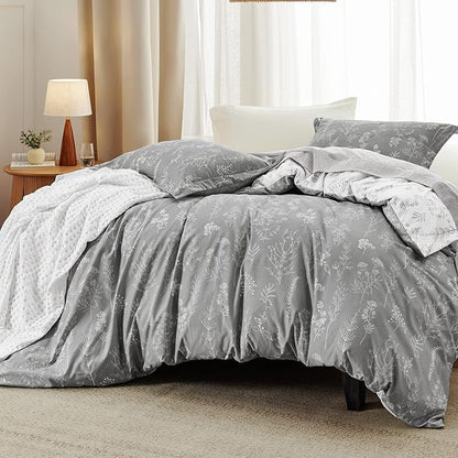 Bedsure Full Comforter Set - Grey Bed Set, 3 Pieces Cute Floral Bedding, 1 Soft Reversible Botanical Flowers Comforter and 2 Pillow Shams