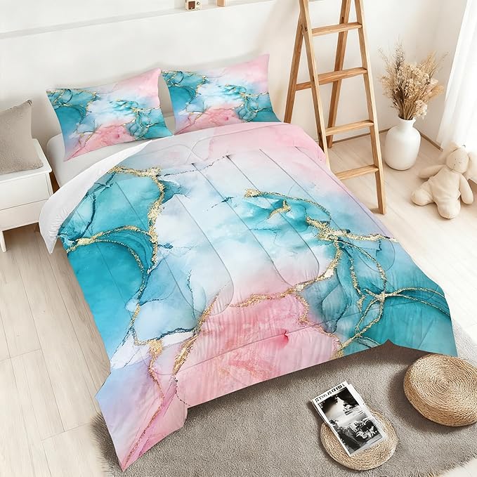 Pink Teal Marble Bedding Set Abstract Art Marbled Comforter Sert Full Size for Kids Girls Teens Marbling Pastel Bed Set Watercolor Pink Teal Blue Quilt Set with 1 Comforter + 2 Pillowcases