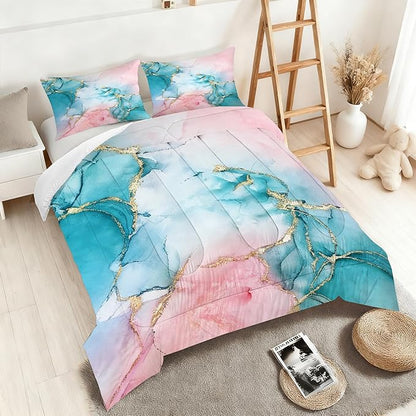 Pink Teal Marble Bedding Set Abstract Art Marbled Comforter Sert Full Size for Kids Girls Teens Marbling Pastel Bed Set Watercolor Pink Teal Blue Quilt Set with 1 Comforter + 2 Pillowcases