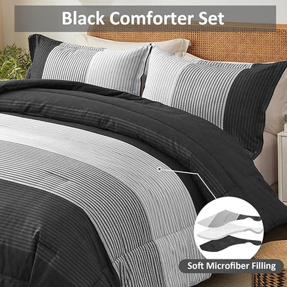 WONGS BEDDING Black Comforter Set Full, Reversible Black Grey Stripe Down Alternative Comforter for All Season,3 Pieces(1 Patchwork Comforter+2 Pillowcases), Soft Microfiber Bedding Set 78”×90”