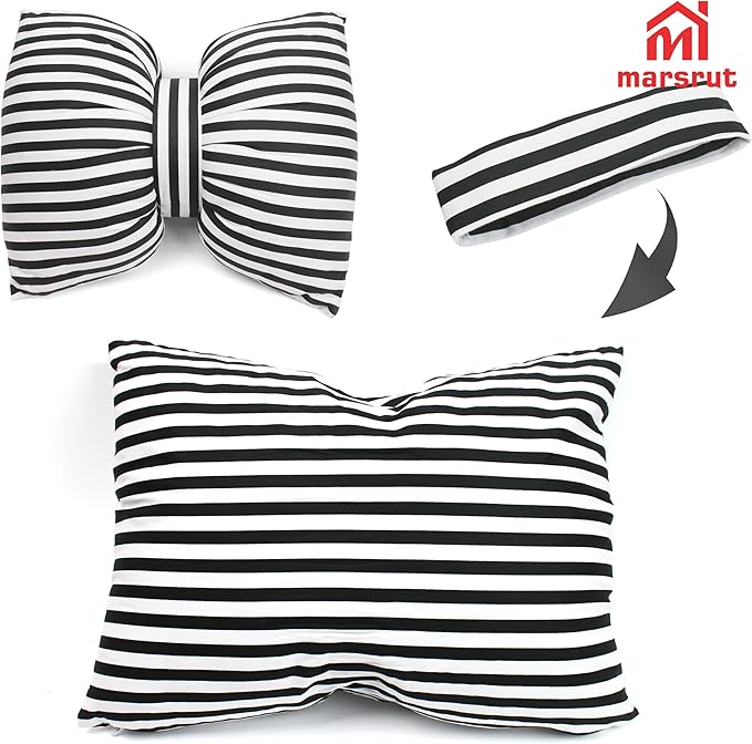 Bow Shaped Pillow, Decorative Sofa Throw Pillows, 17.7" x 13.8", Striped Black and White Reversible Pillow Cushions for Couch Bed Sofa Office Car Decor Neck Waist, Hand Made Cotton, Detachable to Wash