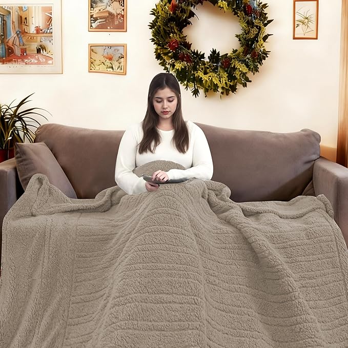 Electric Heated Blanket Full Size 72"×84" with 9 Heating Levels & 1-10Hs Auto Off，Double Sided Plush Sherpa, Energy Efficient, Machine Washable, for Couch & Bed, Light Brown