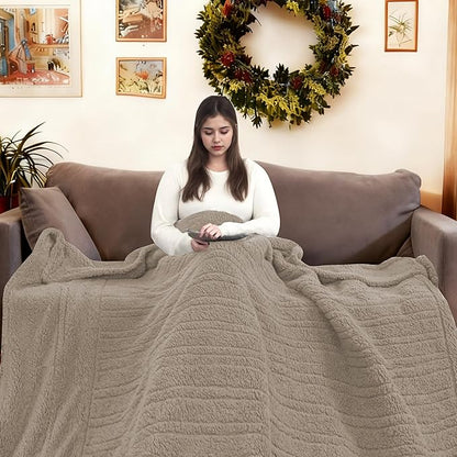 Electric Heated Blanket Full Size 72"×84" with 9 Heating Levels & 1-10Hs Auto Off，Double Sided Plush Sherpa, Energy Efficient, Machine Washable, for Couch & Bed, Light Brown