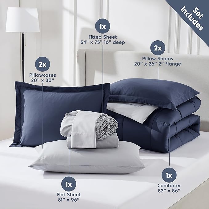 Nestl 7 Piece Full Comforter Set – Navy Reversible Bed in a Bag – Complete Full Size Bedding Set with Sheets, Pillowcases and Shams
