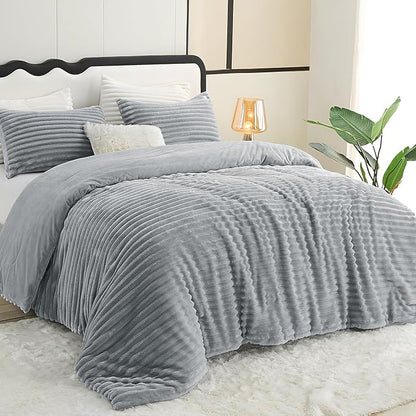 CozyLux Fluffy King Size Comforter Set - Super Soft Faux Fur Grey Comforter King Size, Winter Warm Fleece Bedding Set, 3 Pieces Plush Fuzzy Bed Set (1 Shaggy Comforter, 2 Pillowcases)