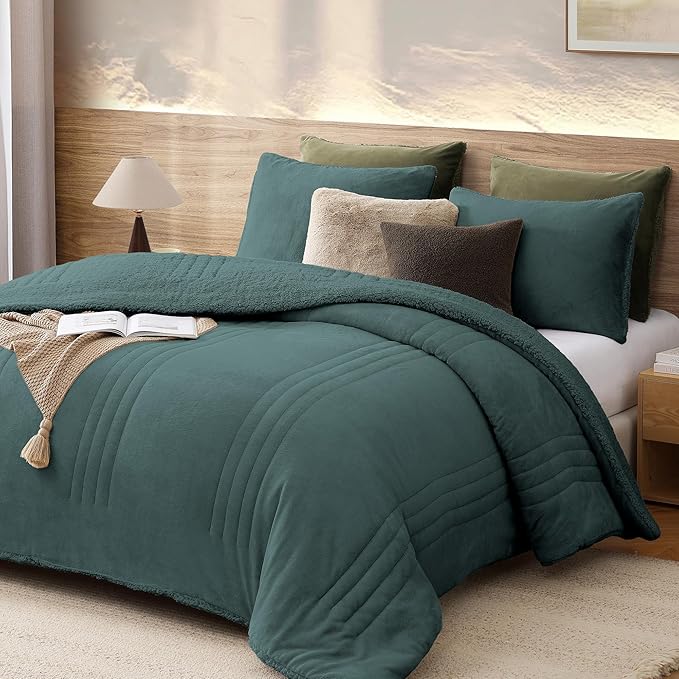 Monbix Fluffy King Size Comforter Set – 3 Piece Cozy Sherpa Comforter King Size Teal, Winter Warm Fleece Bedding Set, Luxury Coco Plush Winter Fuzzy Bed Set, 1 Comforter with 2 Pillowcases
