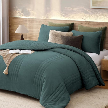 Monbix Fluffy King Size Comforter Set – 3 Piece Cozy Sherpa Comforter King Size Teal, Winter Warm Fleece Bedding Set, Luxury Coco Plush Winter Fuzzy Bed Set, 1 Comforter with 2 Pillowcases