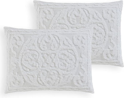 Beatrice Home Fashions Medallion Tufted Chenille Comforter 3-Piece Set, Cotton, All Season Cozy Bedding, Queen, White