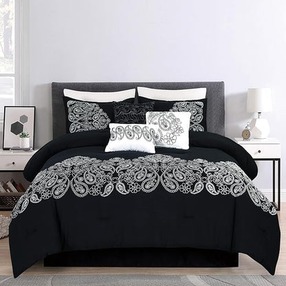 Chezmoi Collection Linz 7-Piece Black/White Paisley Floral Scroll Embroidered Comforter Set, King