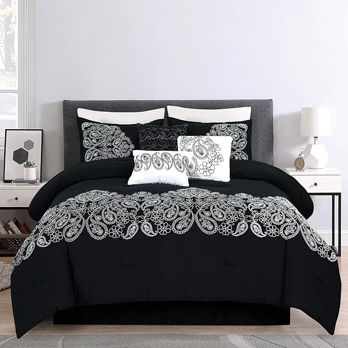 Chezmoi Collection Linz 7-Piece Black/White Paisley Floral Scroll Embroidered Comforter Set, Queen