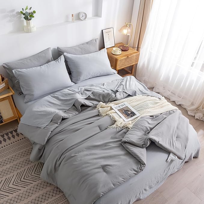 COTTEBED Ultra-Soft Twin Comforter Set with Sheets - 5 Pieces Bed in a Bag Dark Grey Twin Down Comforter and Light Gray Bedding Sheet Sets, Lightweight Washed PolyCotton for Kids Boy Girls All Seasons