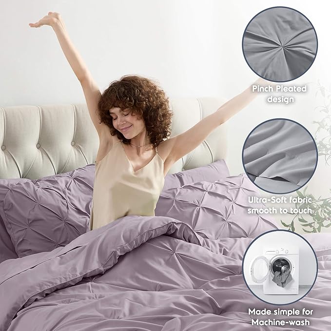 Nestl 7-Piece Pinch Pleated Comforter Set - Dusty Purple, King Size, All Season, Bed in a Bag, Includes Flat & Fitted Sheets, Pillowcases & Shams