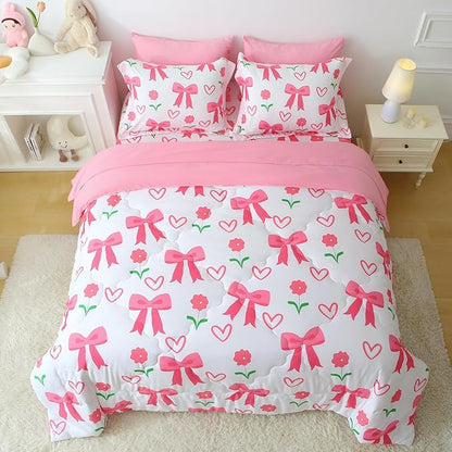 Pink Bow Comforter 7 Pieces Comforter Set Queen Size Pink Flower Bow Comforter for Girls Kids Romantic Princess Style Bow Tie Bedding Set Super Soft All Season