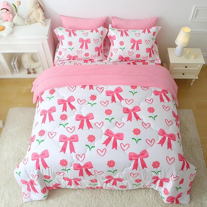 Pink Bow Comforter 7 Pieces Comforter Set Twin Size Pink Flower Bow Comforter for Girls Kids Romantic Princess Style Bow Tie Bedding Set Super Soft All Season