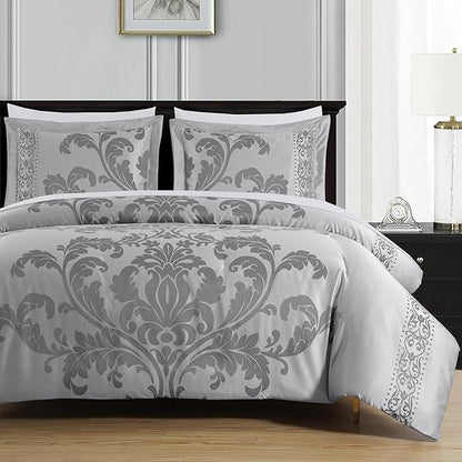 Chezmoi Collection Valor 7-Piece King Bed in a Bag, Silver/Gray Luxury Jacquard Floral Comforter with Sheets Set for All Season