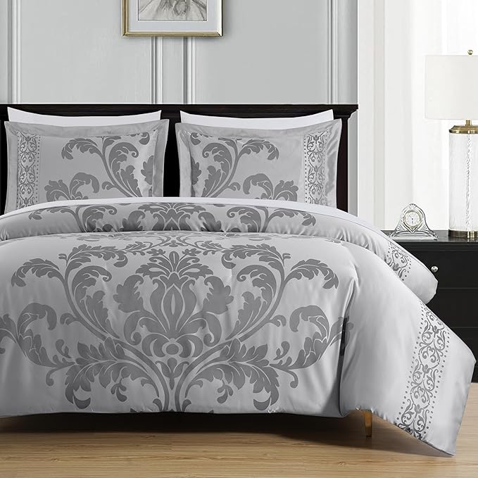 Chezmoi Collection Valor 7-Piece California King Bed in a Bag, Silver/Gray Luxury Jacquard Floral Comforter with Sheets Set for All Season