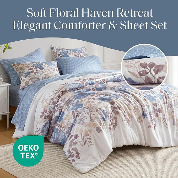 Madison Park Essentials Queen Comforter Set with Sheets, Floral Bed in A Bag Microfiber Comforter for Queen-Size Bed, Shabby Chic Queen Bedding Set Diamond Printed Sheet, Luna, Queen, Blue 7 Piece