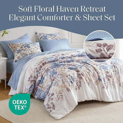 Madison Park Essentials Queen Comforter Set with Sheets, Floral Bed in A Bag Microfiber Comforter for Queen-Size Bed, Shabby Chic Queen Bedding Set Diamond Printed Sheet, Luna, Queen, Blue 7 Piece