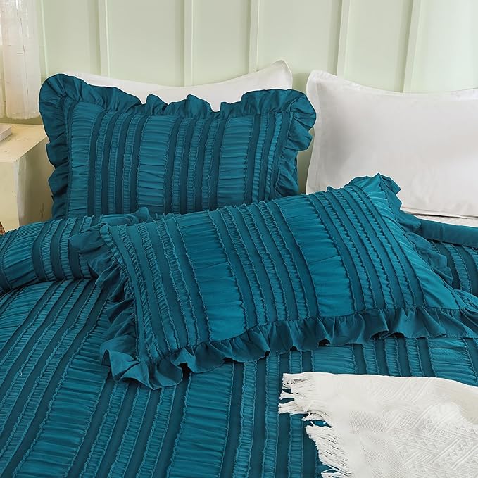 WONGS BEDDING Teal Comforter Set King,3 Pieces Ruffle Farmhouse Shabby Chic Comforter for King Bed,Soft Textured Boho Bedding Set with 1 Ruffle Comforter,2 Tufted Pillowcases 104"×90"