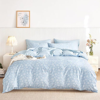 Wake In Cloud - Floral Comforter Set with Sheets, Coquette Cottagecore Aesthetic Flower Shabby Chic Pattern for Women Teen Girls, 7 Pieces Bed in a Bag, Light Blue, Queen Size