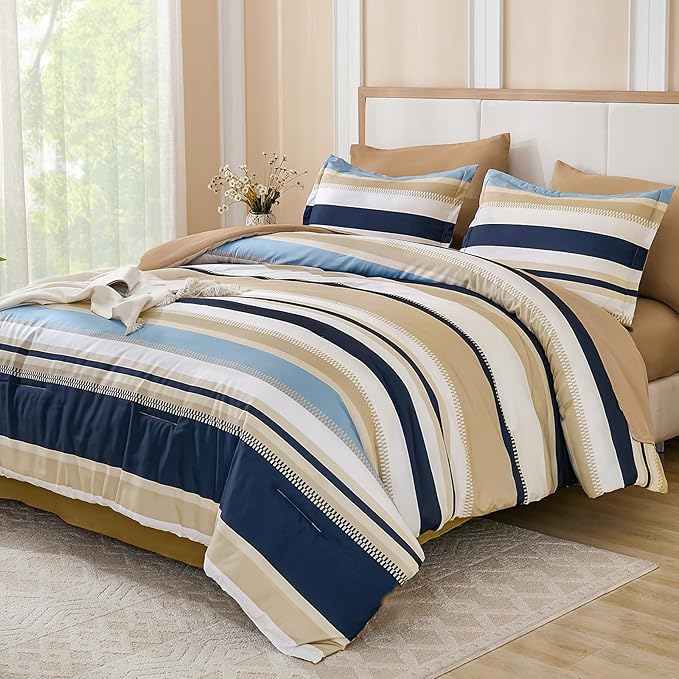 WONGS BEDDING Comforter Queen Size, Khaki and Blue 7 Pieces Comforter for Queen Bed Striped Bed in a Bag Soft Bedding Comforter Set for All Season(90"x90")
