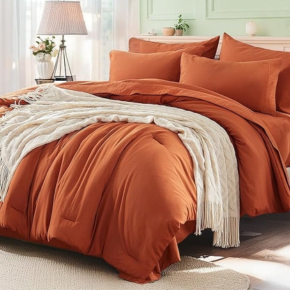 Anluoer Burnt Orange King Comforter Set 7 Pieces, Bed in a Bag with Sheets, All Season Bedding Sets with 1 Comforter, 2 Pillow Shams, 2 Pillowcases, 1 Flat Sheet, 1 Fitted Sheet