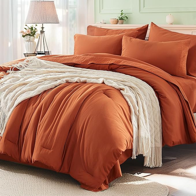 Anluoer Burnt Orange Queen Comforter Set 7 Pieces, Bed in a Bag with Sheets, All Season Bedding Sets with 1 Comforter, 2 Pillow Shams, 2 Pillowcases, 1 Flat Sheet, 1 Fitted Sheet