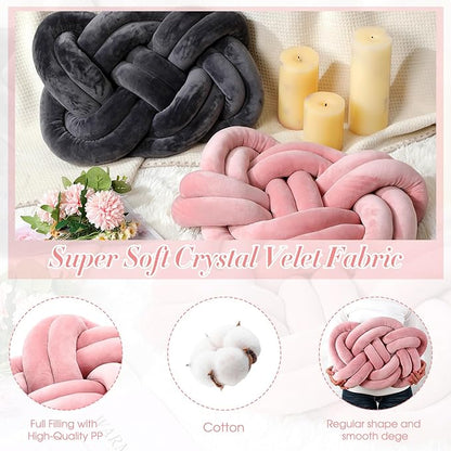 Sintuff Set of 2 Velvet Knot Pillow Ball 14 x 16 Inch Soft Decorative Knotted Throw Pillow for Christmas Thanksgiving Couch Home Sofa Bedroom Decor to Add Comfort and Style(Pink and Gray)