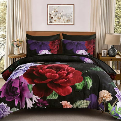 WONGS BEDDING Black Comforter Set Queen Size, 7 Pieces Floral Bed in a Bag Set, Luxury Red Flower Bedding Set, Soft Microfiber for All Season with Pillowcases & Shams,Sheets(90"×90")