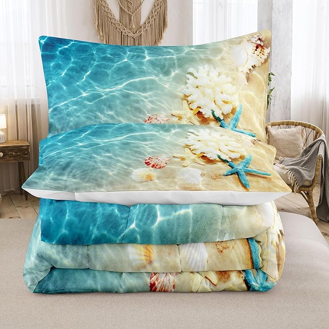 Tailor Shop Coastal Comforter Sets Coastal Bedding Sets King Size Beach Themed Bedding Set Starfish Sea Shell Ocean Bed Sets with 1 Comforter 2 Pillowcases…