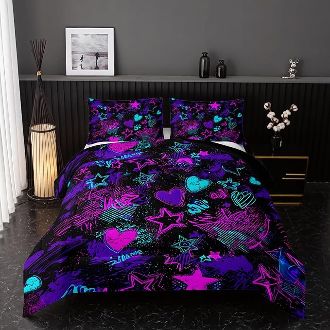 Purple Stars Comforter Set Queen Size,Galaxy Starry Printed Bedding Set,Purple Stars Room Decor with Soft and Lightweight Comforter and 2 Pillowcases