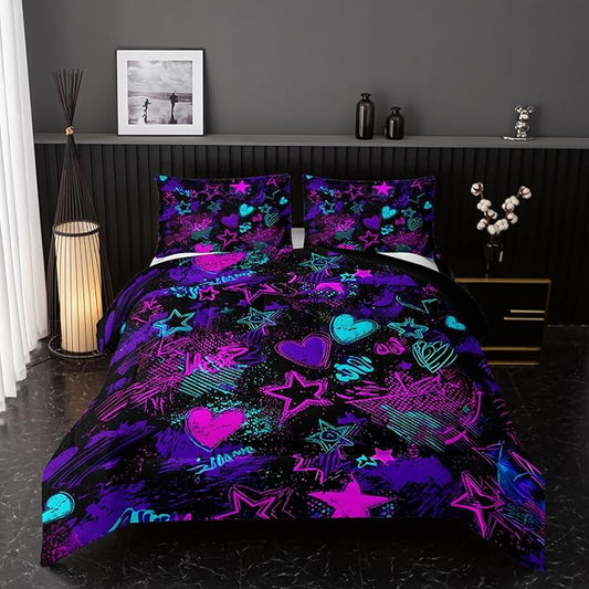 Purple Stars Comforter Set Queen Size,Galaxy Starry Printed Bedding Set,Purple Stars Room Decor with Soft and Lightweight Comforter and 2 Pillowcases