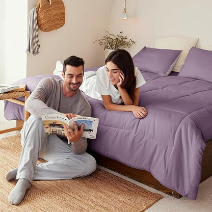 Exclusivo Mezcla Lightweight Reversible King Size Comforter Set, Down Alternative Comforter with 2 Pillow Sham, King Size Bedding Set for All Seasons, Dusty Lavender/Lilac Ash