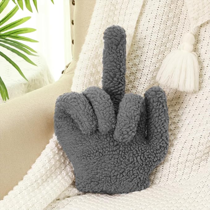 Menkxi Small Middle Finger Decorative Pillow 13.78 x 9.84 in Funny Shaped Sherpa Fleece Throw Pillow Warm Soft Emoticon Cushion Middle Finger Decor for Couch Gag Gift(Dark Grey)