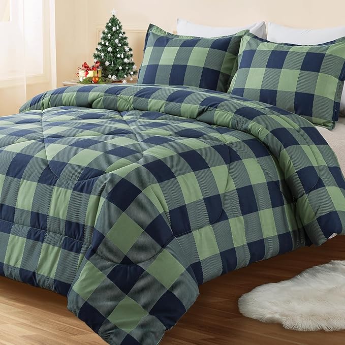 Andency Green Plaid Comforter Twin(66x90Inch), 2 Pieces (1 Comforter, 1 Pillowcase) Buffalo Checkered Gingham Bed Set, Soft Geometric Bedding for Boys