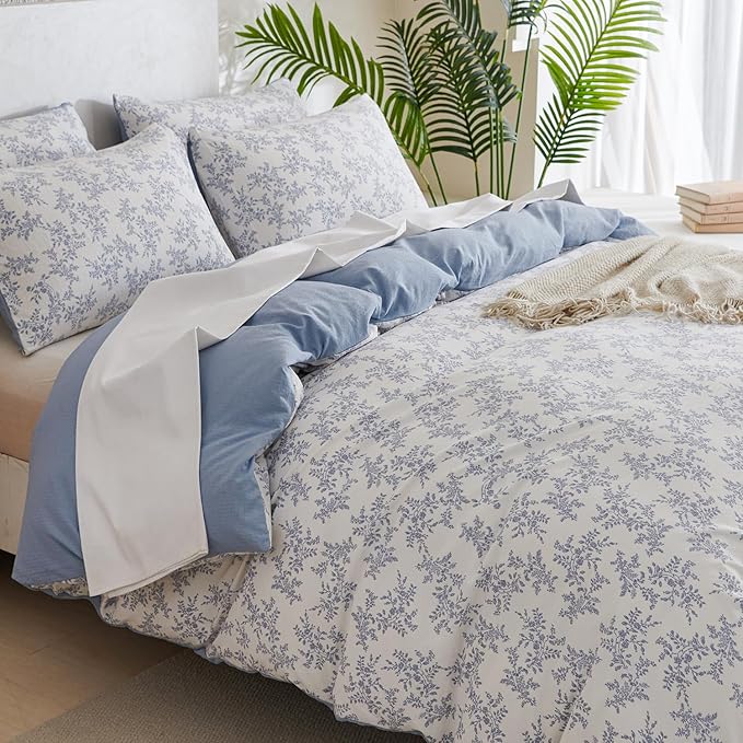 Comforter Set King Floral Soft Cute Bedding Sets Garden Style Blue Flower Print Botanical Floral Comforter for All Seasons and 1 Pillowcases