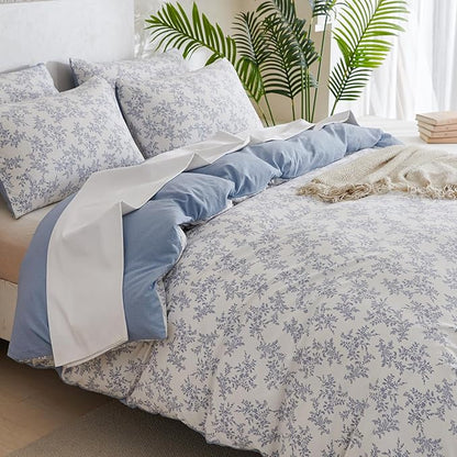 Comforter Set King Floral Soft Cute Bedding Sets Garden Style Blue Flower Print Botanical Floral Comforter for All Seasons and 1 Pillowcases