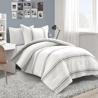 Lush Decor Farmhouse Stripe Reversible Cotton Comforter Set , 2 Piece Set, Twin XL, Dark Gray - Twin Bedding Set - Dorm Decor - Striped Comforter For Kids Or Teens - Modern Farmhouse Bedroom Decor