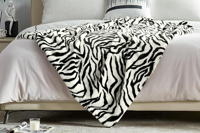 JONIYEAR Soft Fluffy Zebra Print Faux Rabbit Fur Throw Blanket 50" x 60", Luxury Cozy Shaggy Fuzzy Blankets, Reversible Cute Warm Animal Printed Blanket for Women Winter,Washable,Cream White and Black