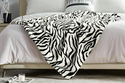 JONIYEAR Soft Fluffy Zebra Print Faux Rabbit Fur Throw Blanket 50" x 60", Luxury Cozy Shaggy Fuzzy Blankets, Reversible Cute Warm Animal Printed Blanket for Women Winter,Washable,Cream White and Black