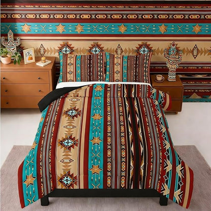 Erosebridal Aztec Bedding Set Ethnic Tribal Arrow Western Quilt,Indian Tribe Geometric Queen Comforter Set Exotic Nordic Style Duvet Insert,Geometric Western Boho Decor,Messy Red Brown Blue