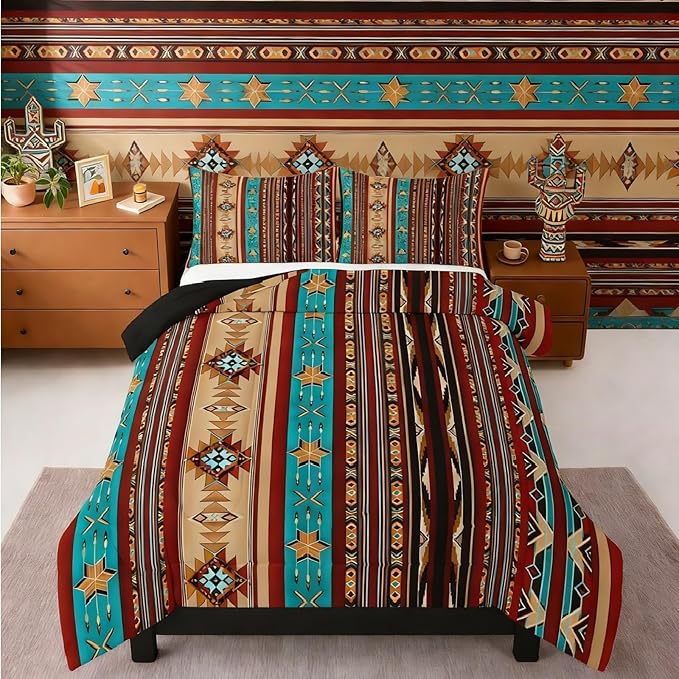 Erosebridal Aztec Bedding Set King Geometric Comforter Set,Retro Vintage Indian Tribe Geometric Quilt Exotic Nordic Western Duvet Insert,Southwestern Native Bohemian Decor,Messy Red Brown Blue