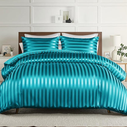 Whale Flotilla 3-Piece Reversible Silky Soft Queen Comforter Set, Luxury Stripe Satin Comforters Full Size Bedding Set with 2 Satin Pillowcases, Lightweight Duvet Set for All Seasons, Turquoise